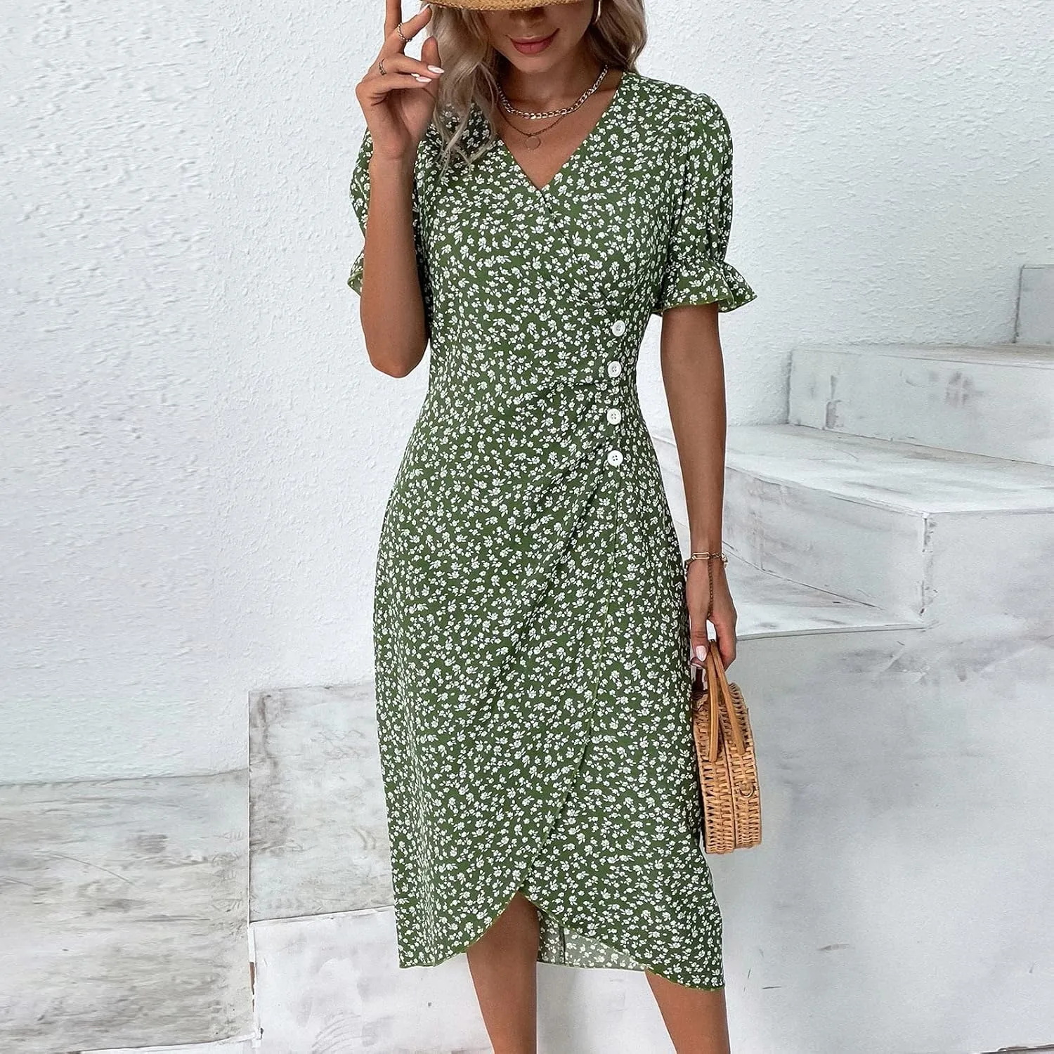 Summer Dresses for Women 2025 Vacation Sexy Warp V Neck Puff Short Sleeve Wedding Guest Dress Casual Church Dress