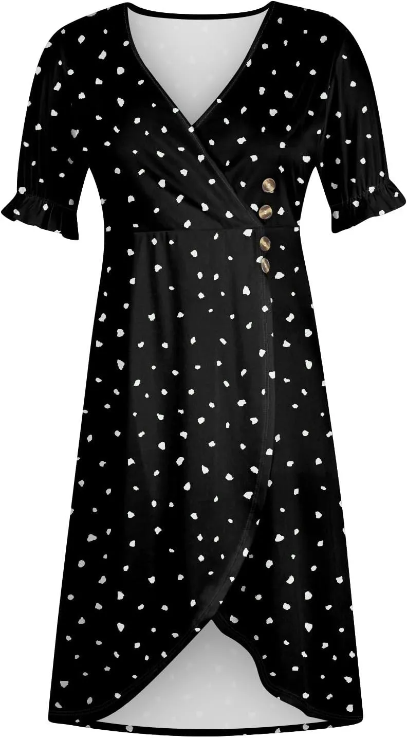Summer Dresses for Women 2025 Vacation Sexy Warp V Neck Puff Short Sleeve Wedding Guest Dress Casual Church Dress