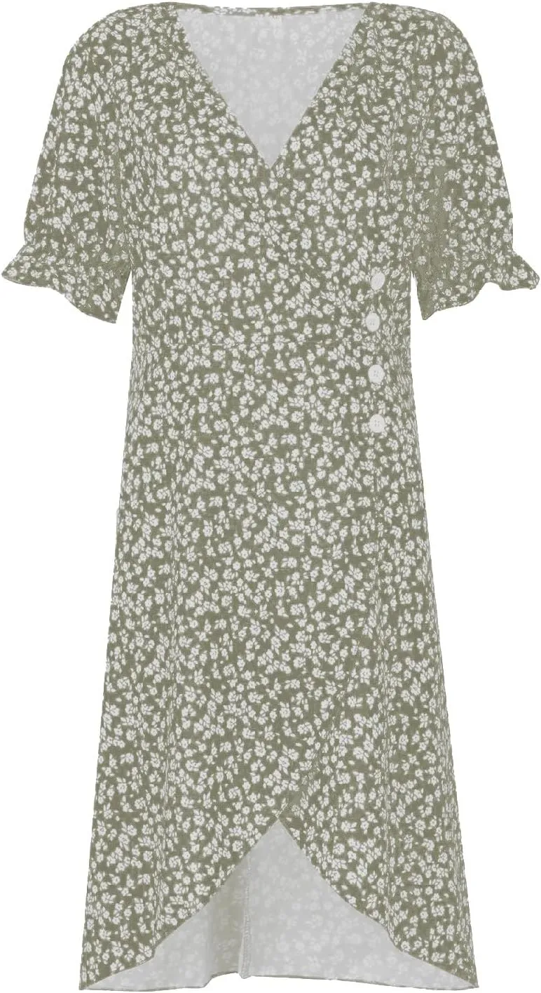 Summer Dresses for Women 2025 Vacation Sexy Warp V Neck Puff Short Sleeve Wedding Guest Dress Casual Church Dress