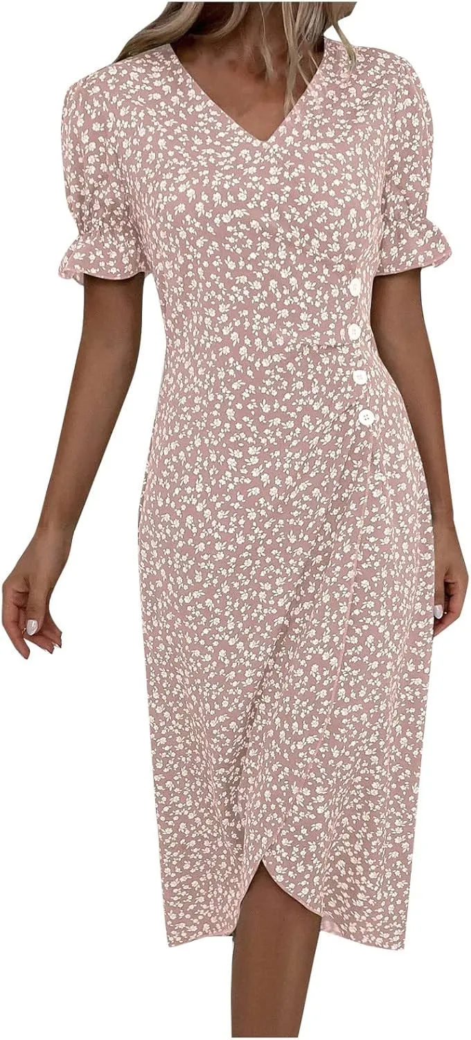 Summer Dresses for Women 2025 Vacation Sexy Warp V Neck Puff Short Sleeve Wedding Guest Dress Casual Church Dress