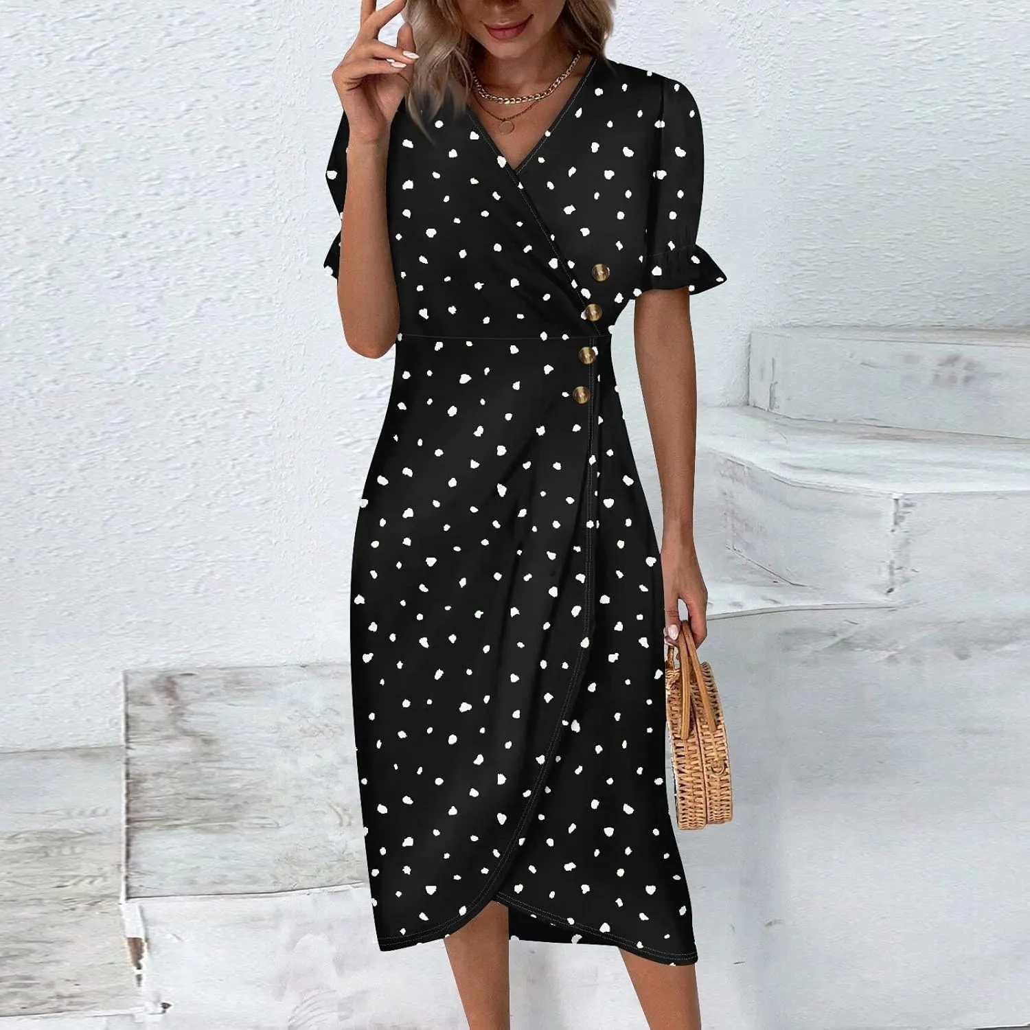 Summer Dresses for Women 2025 Vacation Sexy Warp V Neck Puff Short Sleeve Wedding Guest Dress Casual Church Dress