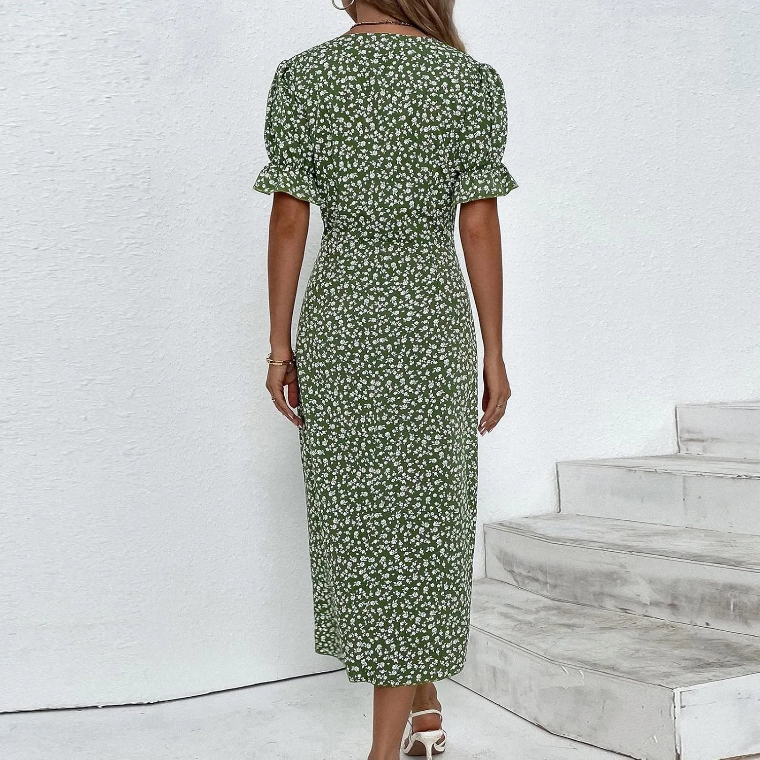 Summer Dresses for Women 2025 Vacation Sexy Warp V Neck Puff Short Sleeve Wedding Guest Dress Casual Church Dress