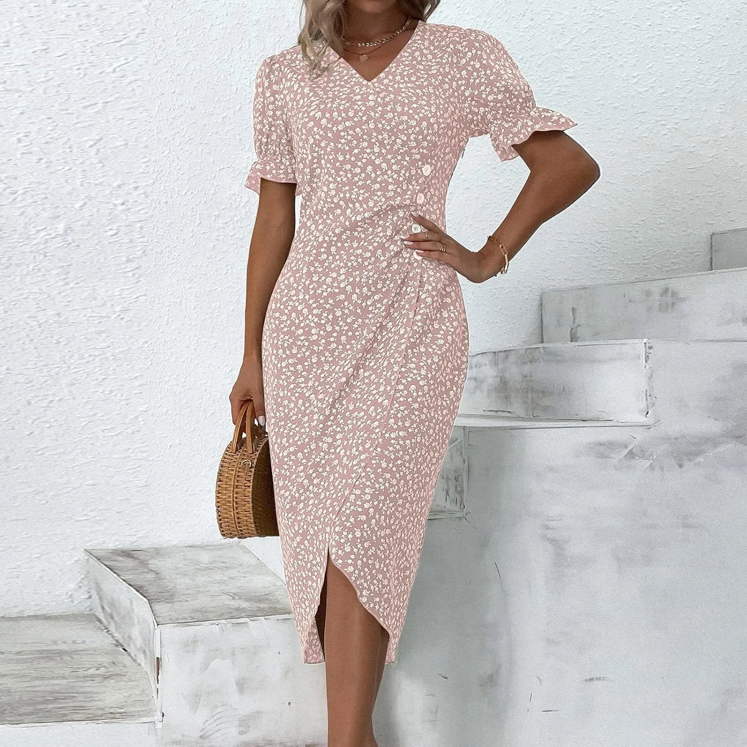 Summer Dresses for Women 2025 Vacation Sexy Warp V Neck Puff Short Sleeve Wedding Guest Dress Casual Church Dress