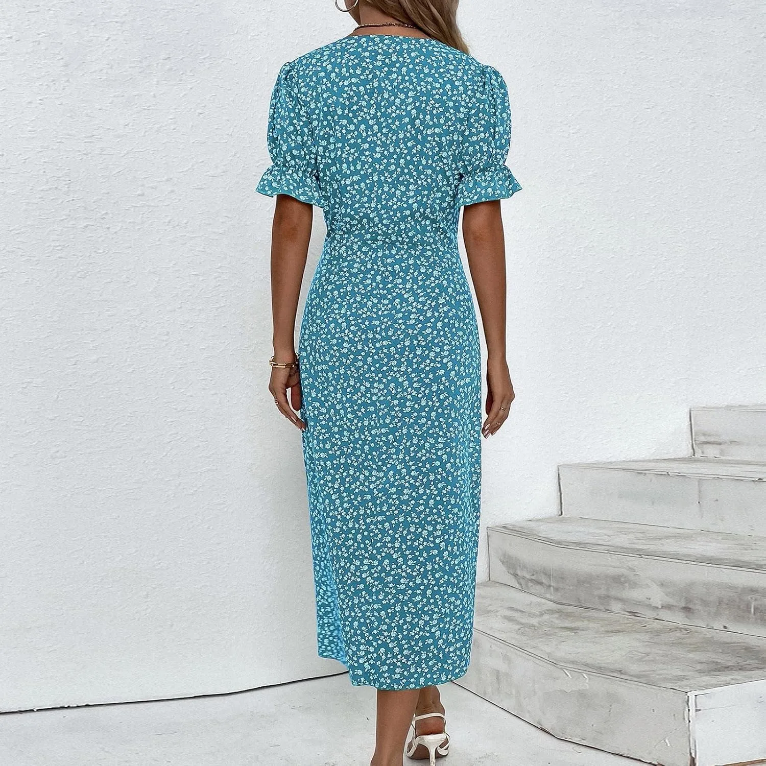 Summer Dresses for Women 2025 Vacation Sexy Warp V Neck Puff Short Sleeve Wedding Guest Dress Casual Church Dress