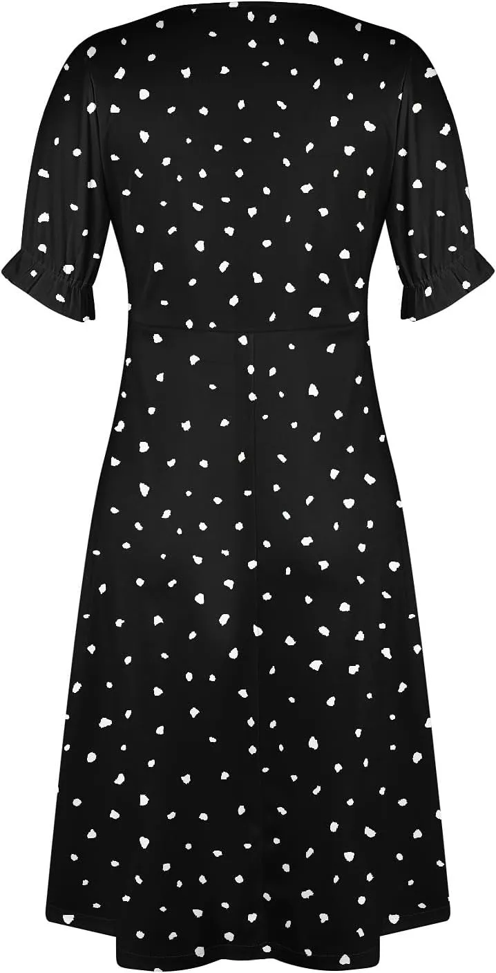 Summer Dresses for Women 2025 Vacation Sexy Warp V Neck Puff Short Sleeve Wedding Guest Dress Casual Church Dress
