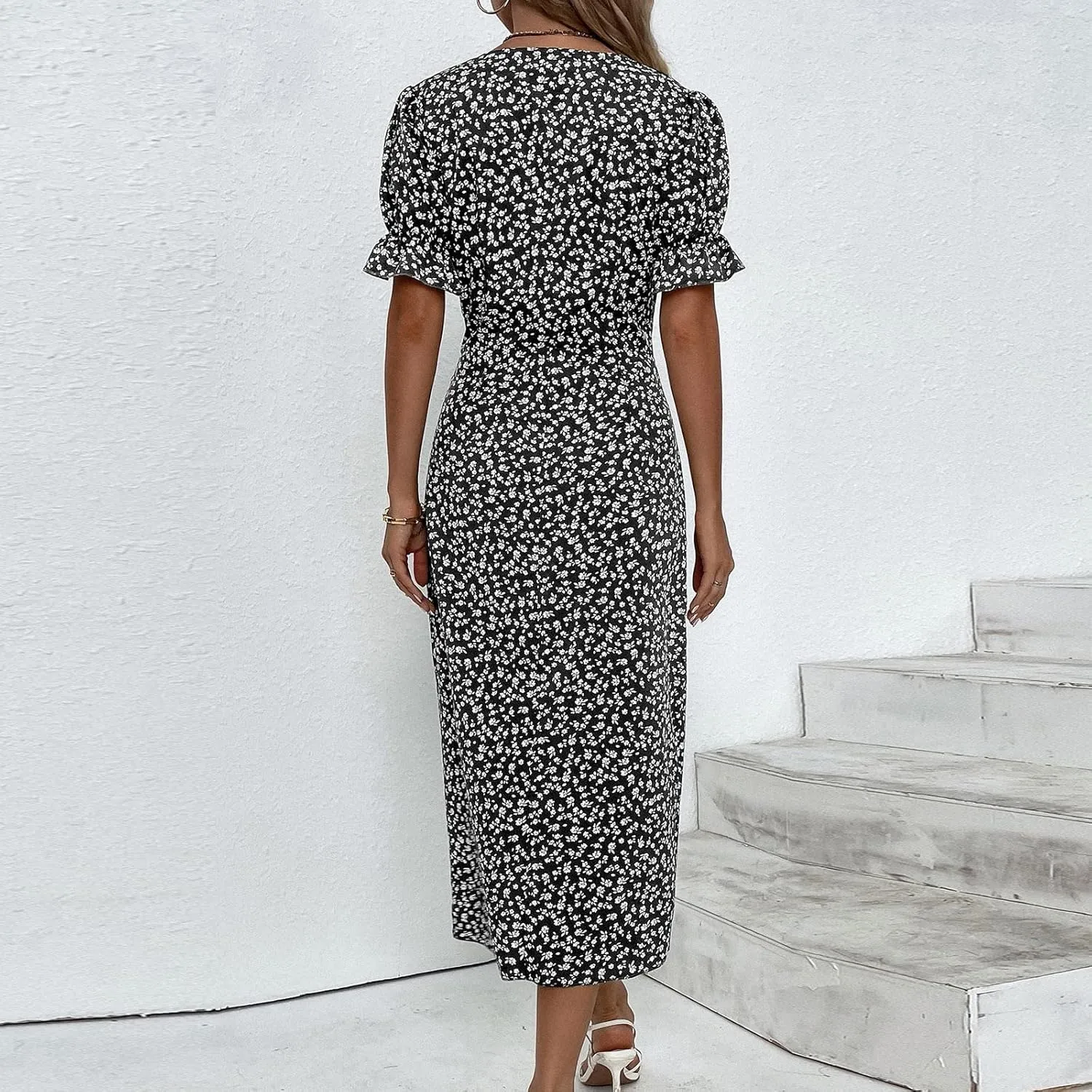 Summer Dresses for Women 2025 Vacation Sexy Warp V Neck Puff Short Sleeve Wedding Guest Dress Casual Church Dress