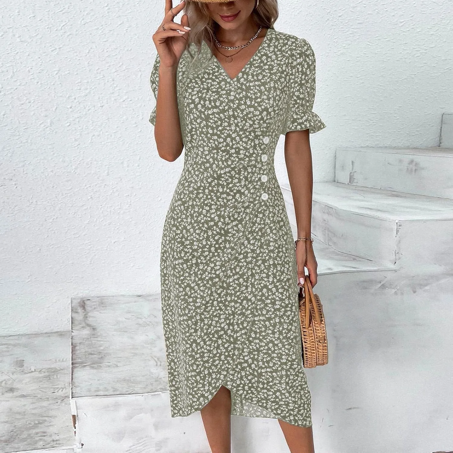 Summer Dresses for Women 2025 Vacation Sexy Warp V Neck Puff Short Sleeve Wedding Guest Dress Casual Church Dress