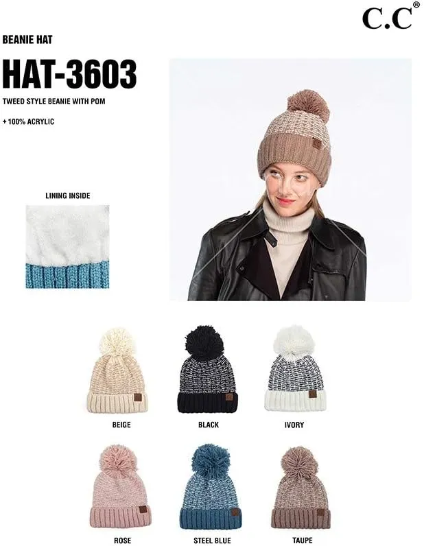 Tweed Style Knit Winter Lining Inside Extra Warm Soft Beanie Hat with Pom