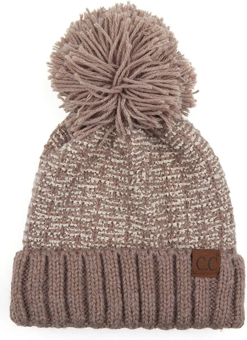 Tweed Style Knit Winter Lining Inside Extra Warm Soft Beanie Hat with Pom