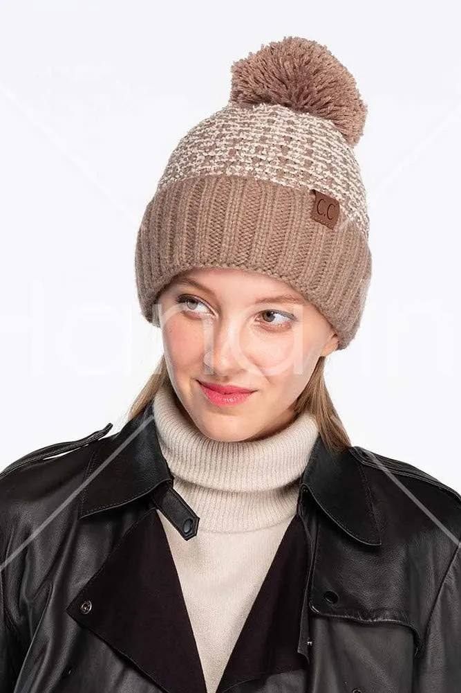 Tweed Style Knit Winter Lining Inside Extra Warm Soft Beanie Hat with Pom