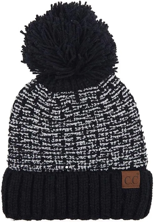 Tweed Style Knit Winter Lining Inside Extra Warm Soft Beanie Hat with Pom