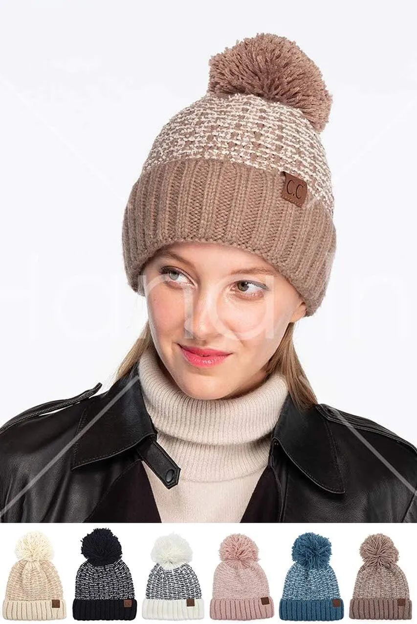 Tweed Style Knit Winter Lining Inside Extra Warm Soft Beanie Hat with Pom