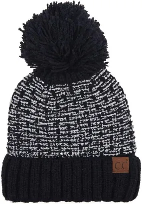 Tweed Style Knit Winter Lining Inside Extra Warm Soft Beanie Hat with Pom