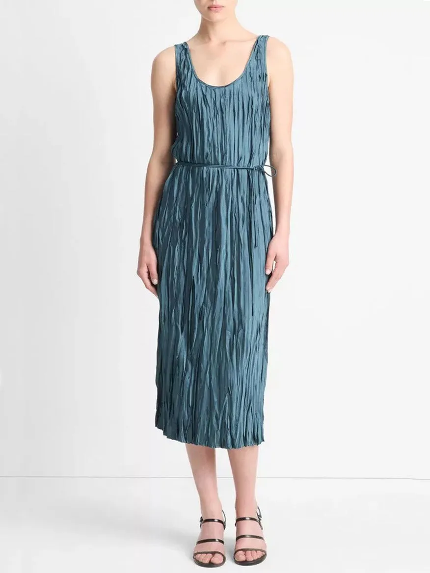 Vince Crushed Satin Bias Tank Dress in Marine Stone
