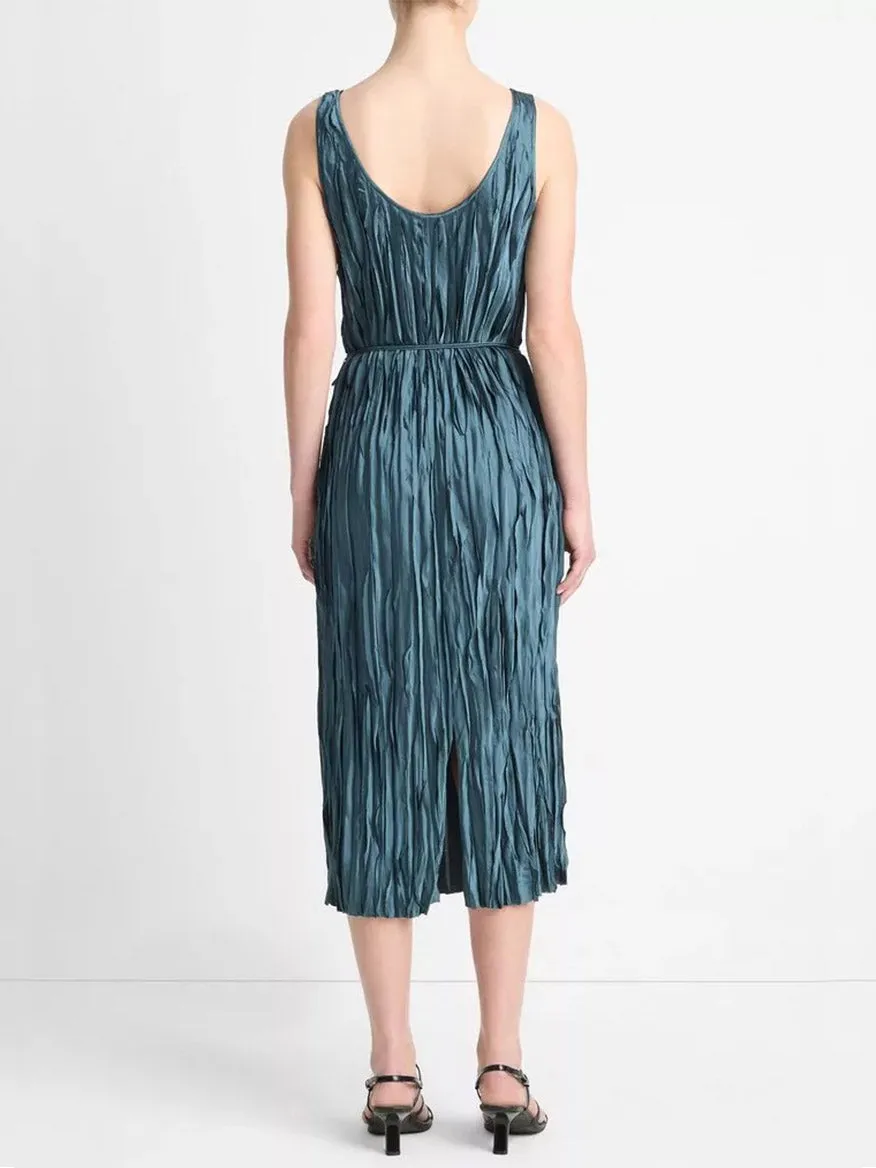 Vince Crushed Satin Bias Tank Dress in Marine Stone