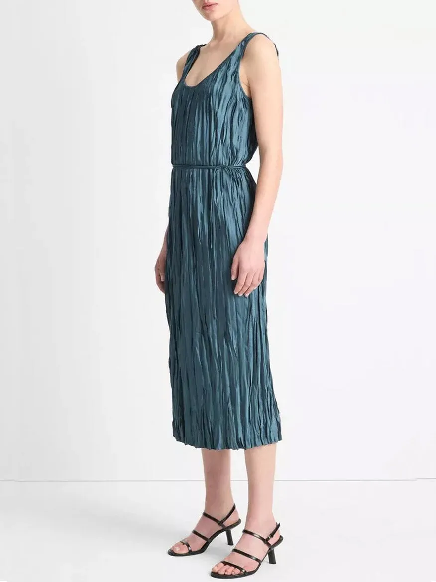 Vince Crushed Satin Bias Tank Dress in Marine Stone