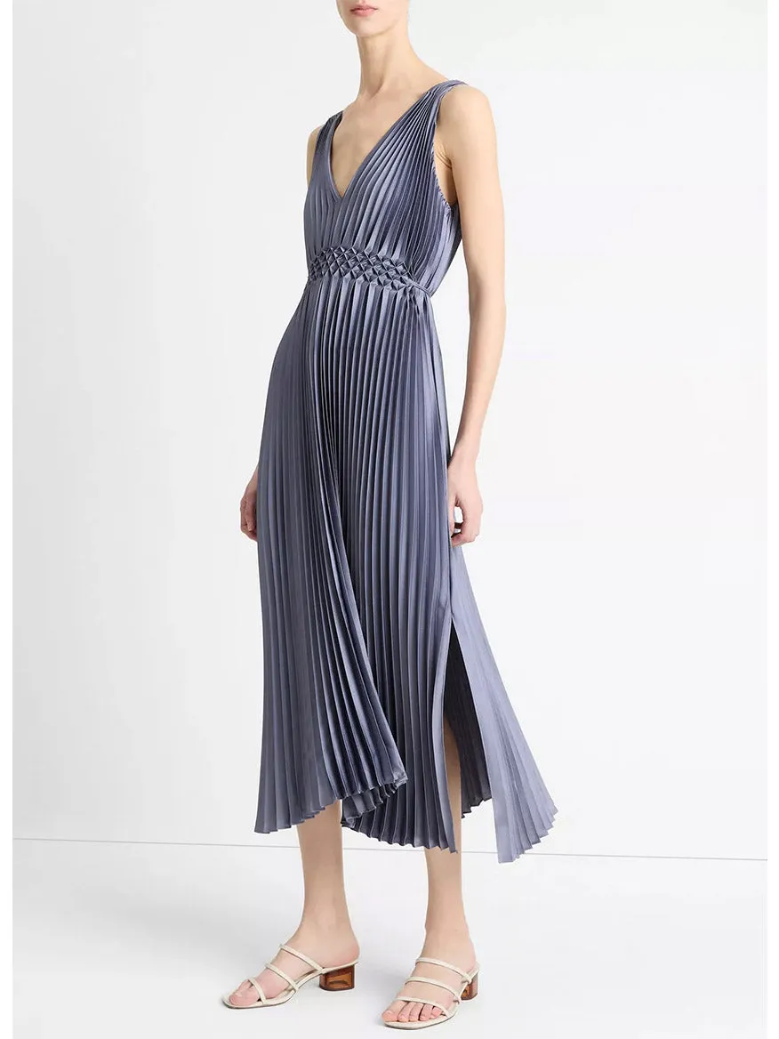 Vince Hand-Smocked Pleated Satin Dress in Mauve Thistle
