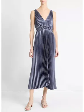 Vince Hand-Smocked Pleated Satin Dress in Mauve Thistle