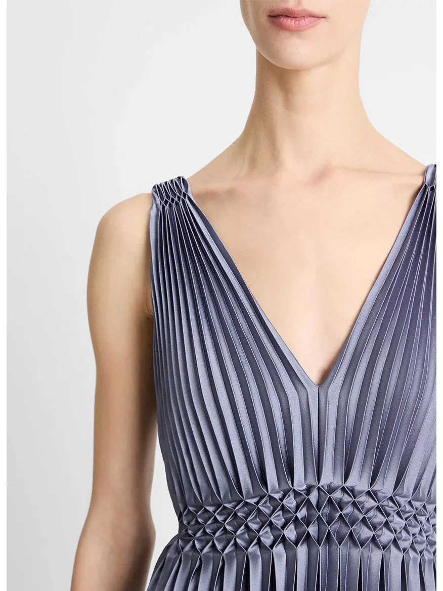 Vince Hand-Smocked Pleated Satin Dress in Mauve Thistle