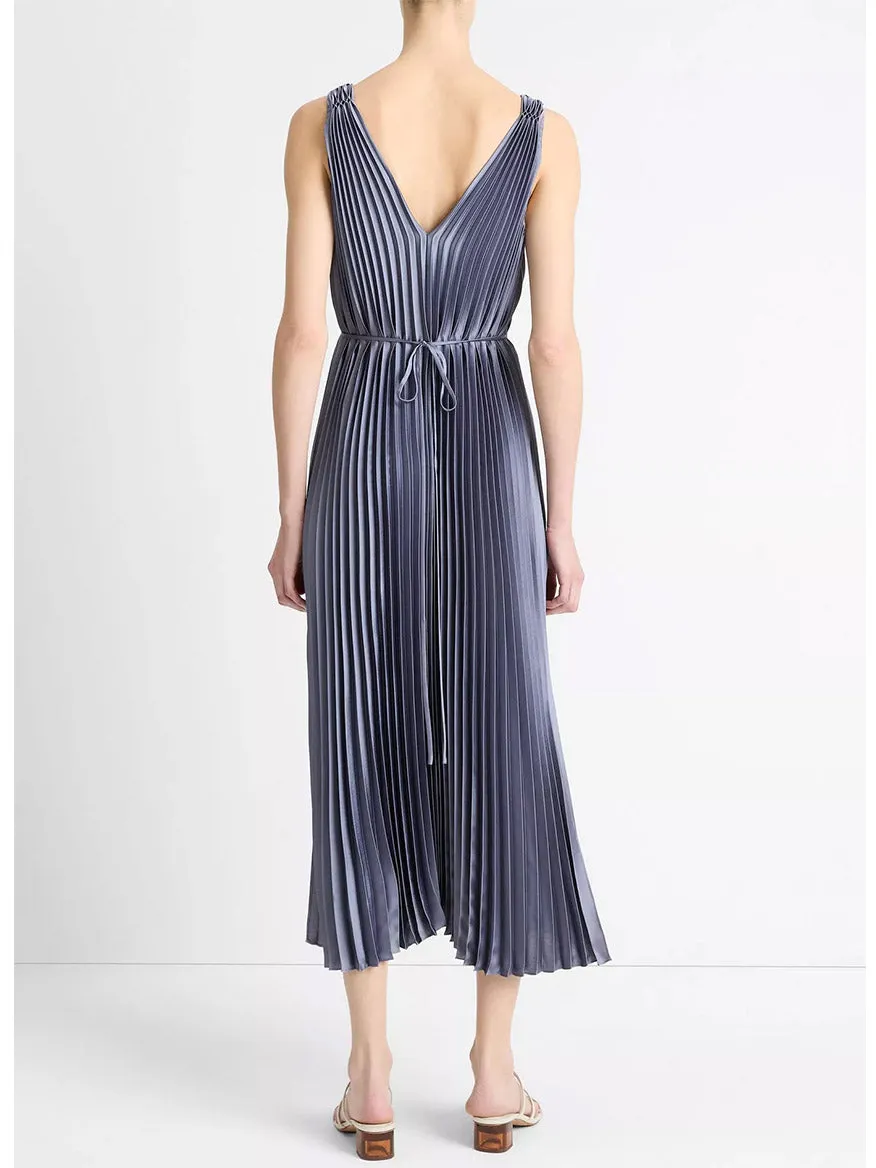 Vince Hand-Smocked Pleated Satin Dress in Mauve Thistle