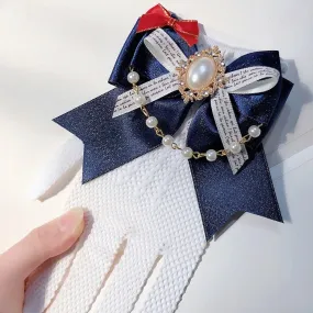 White&Blue Snow White Vibes Beaded Charm Bowknot Details Lace Gloves