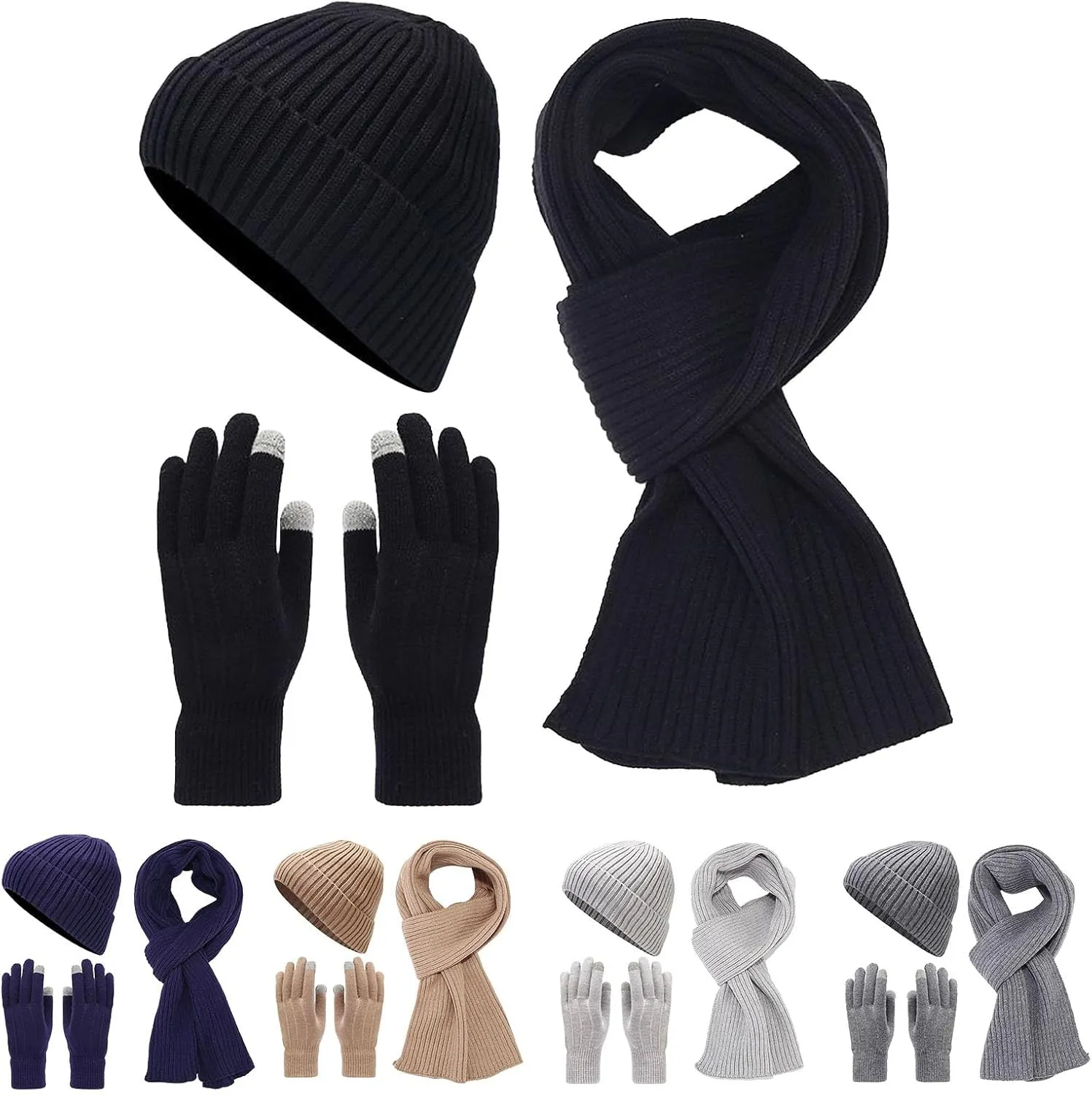 Winter Beanie Hat Scarf Gloves Warm Fleece Knit Winter Touchscreen Glove Neck Scarf Set Winter Gifts Hats for Men