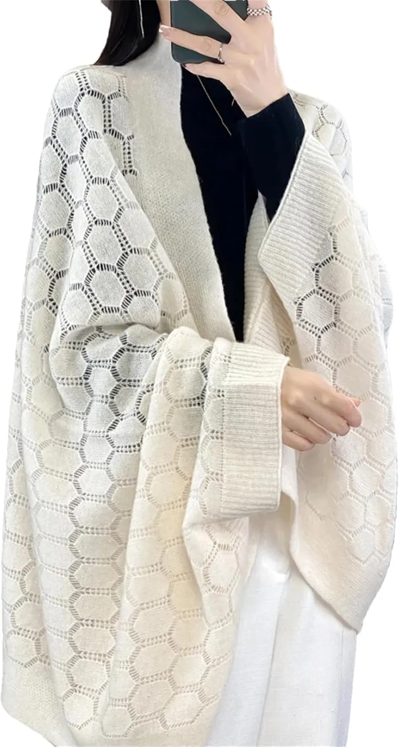 Women 100% Merino Wool Spring Cardigan Elegant Soft Knitted Scarf Hollow Out Sweater