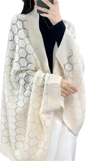 Women 100% Merino Wool Spring Cardigan Elegant Soft Knitted Scarf Hollow Out Sweater
