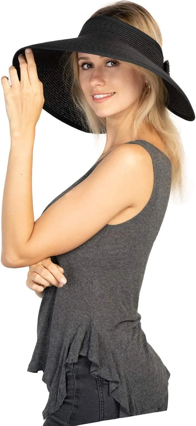 Women Sun Visor Hats Beach - Foldable Roll Up Wide Brim Bowknot Summer Straw Hat Cap Cruise wear for Womens