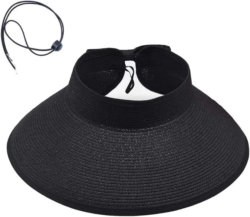 Women Sun Visor Hats Beach - Foldable Roll Up Wide Brim Bowknot Summer Straw Hat Cap Cruise wear for Womens