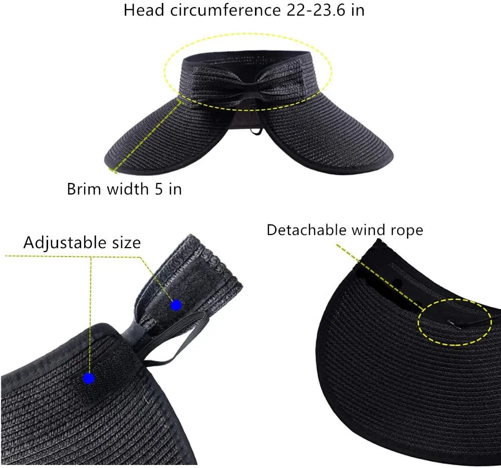 Women Sun Visor Hats Beach - Foldable Roll Up Wide Brim Bowknot Summer Straw Hat Cap Cruise wear for Womens
