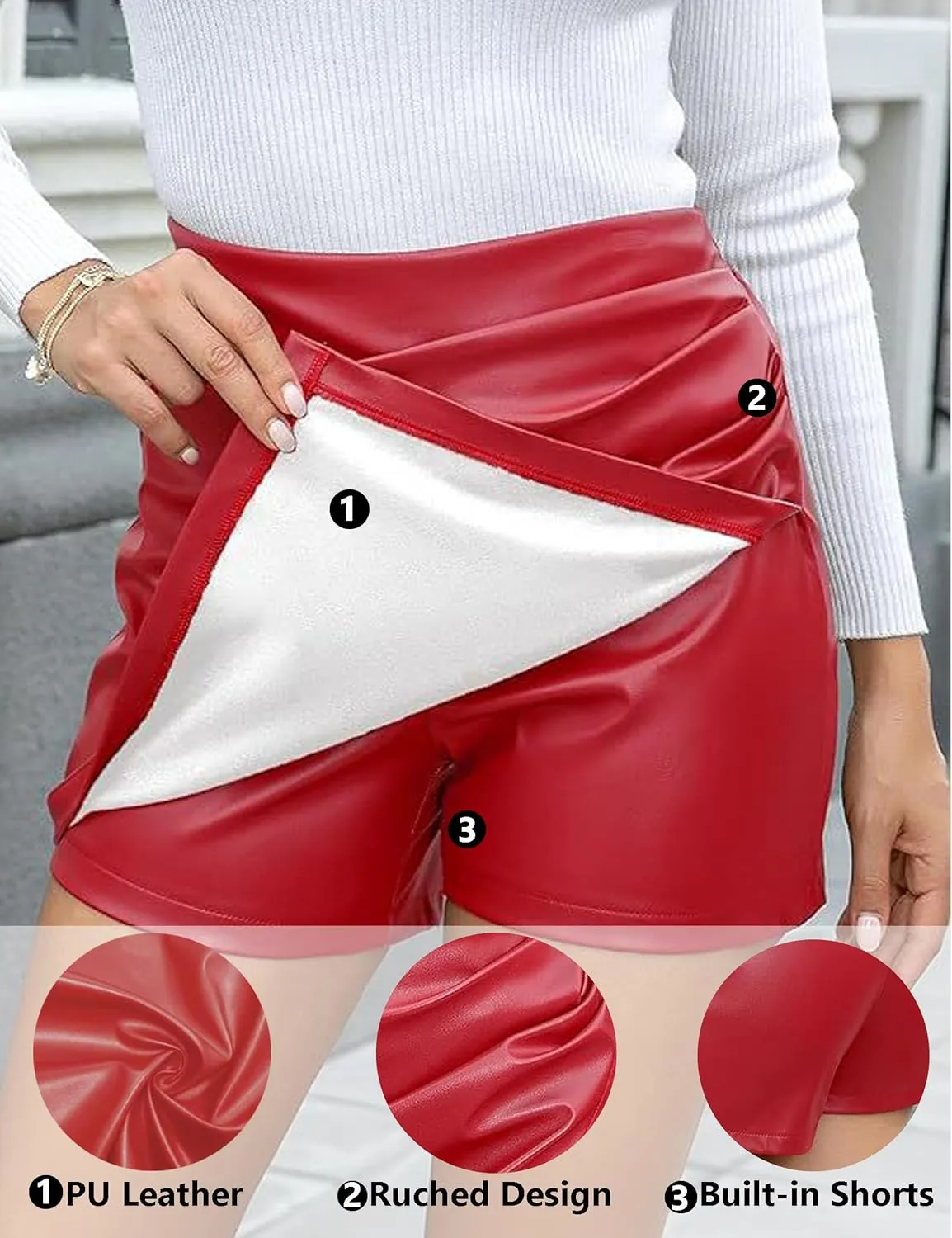 Women's 2 in 1 Pleated Leather Shorts Dressy Casual Ruched Wrap Trendy Asymmetrical Skirt Faux PU Mini Skort