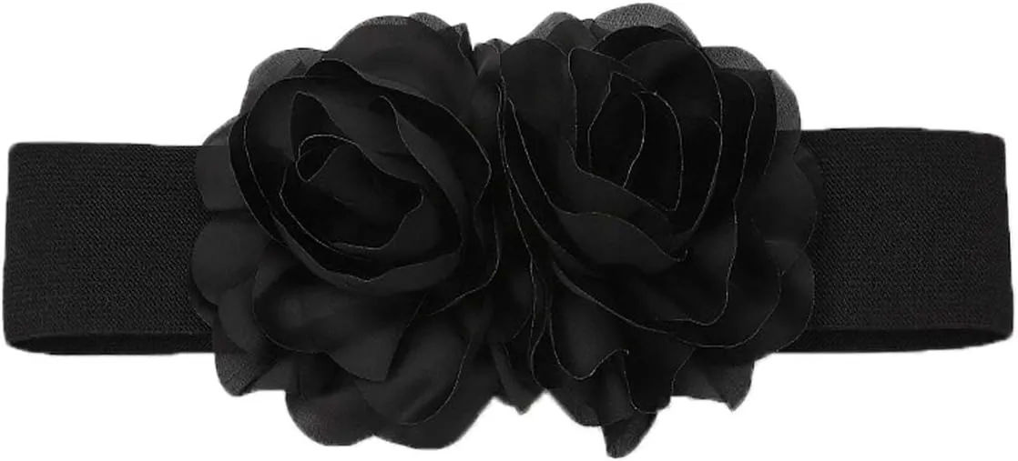 Women's Big Flower Stretchy Belt Elastic Wide Chunky Waistband Belts Cinch Belts for Dress
