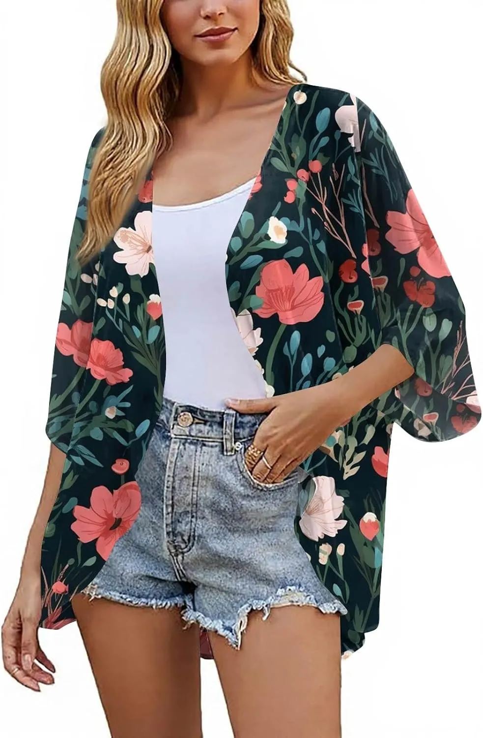 Women's Chiffon Kimono Cardigan - Floral Geometric Print Beach Cover-Up, Lightweight Summer Jacket for Pool Party
