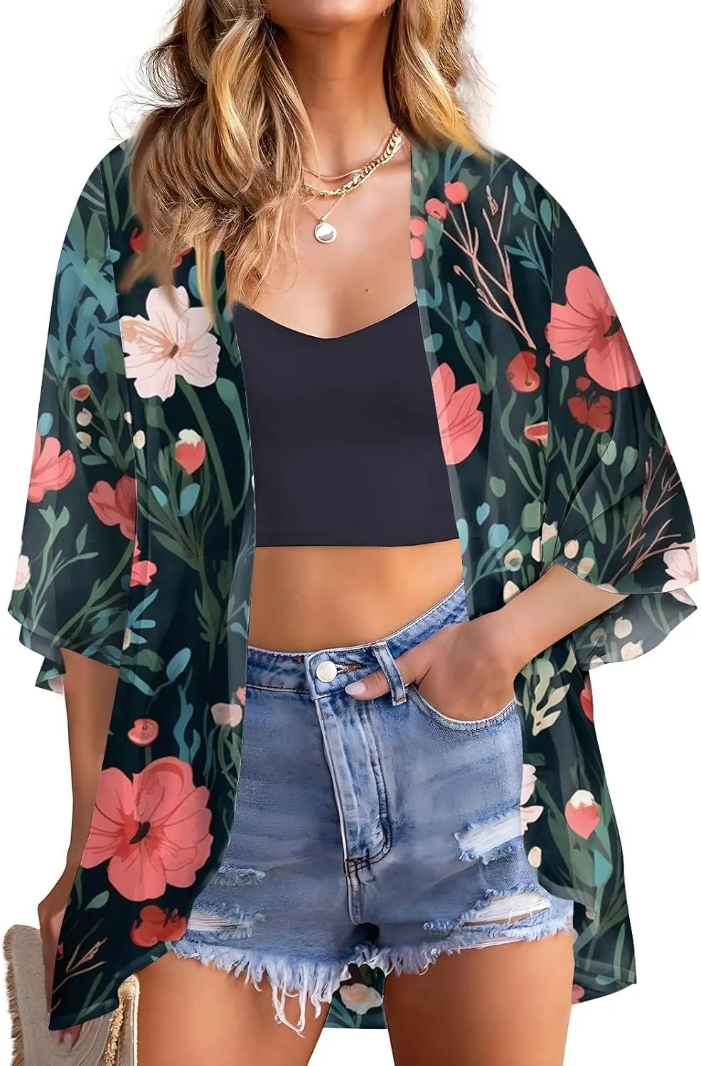 Women's Chiffon Kimono Cardigan - Floral Geometric Print Beach Cover-Up, Lightweight Summer Jacket for Pool Party
