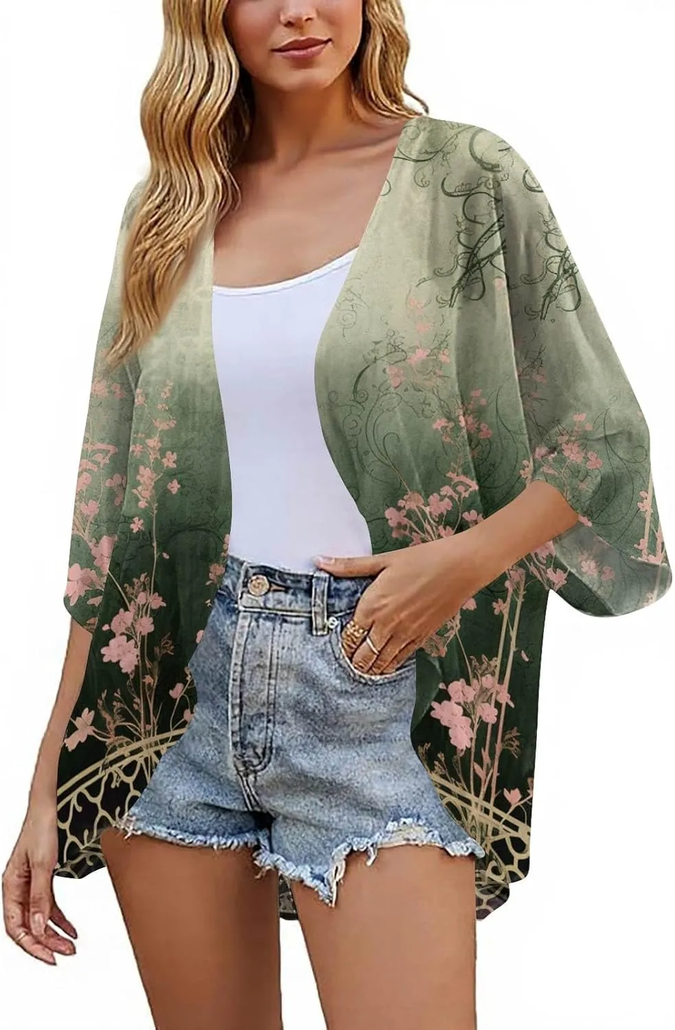 Women's Chiffon Kimono Cardigan - Floral Geometric Print Beach Cover-Up, Lightweight Summer Jacket for Pool Party