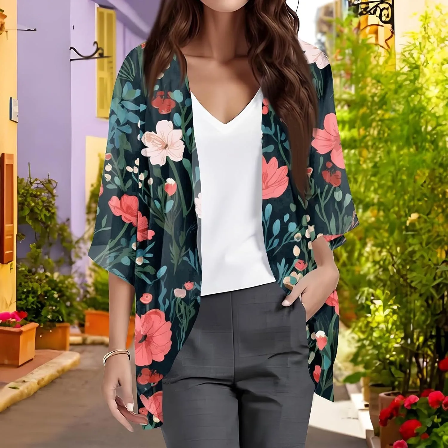 Women's Chiffon Kimono Cardigan - Floral Geometric Print Beach Cover-Up, Lightweight Summer Jacket for Pool Party
