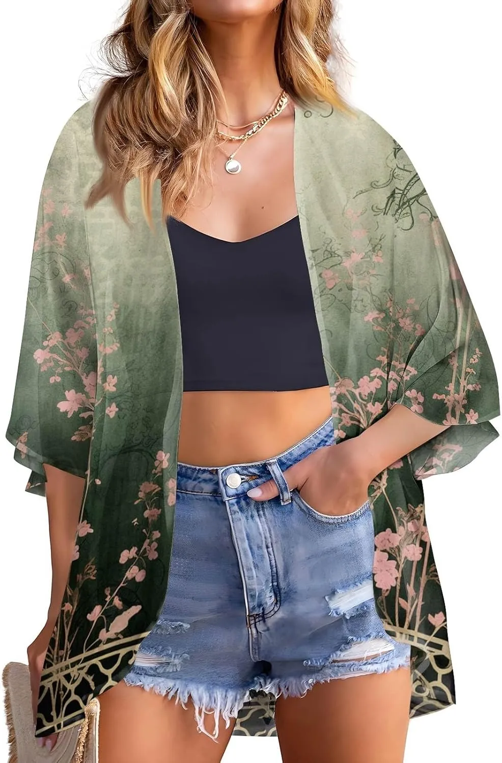 Women's Chiffon Kimono Cardigan - Floral Geometric Print Beach Cover-Up, Lightweight Summer Jacket for Pool Party