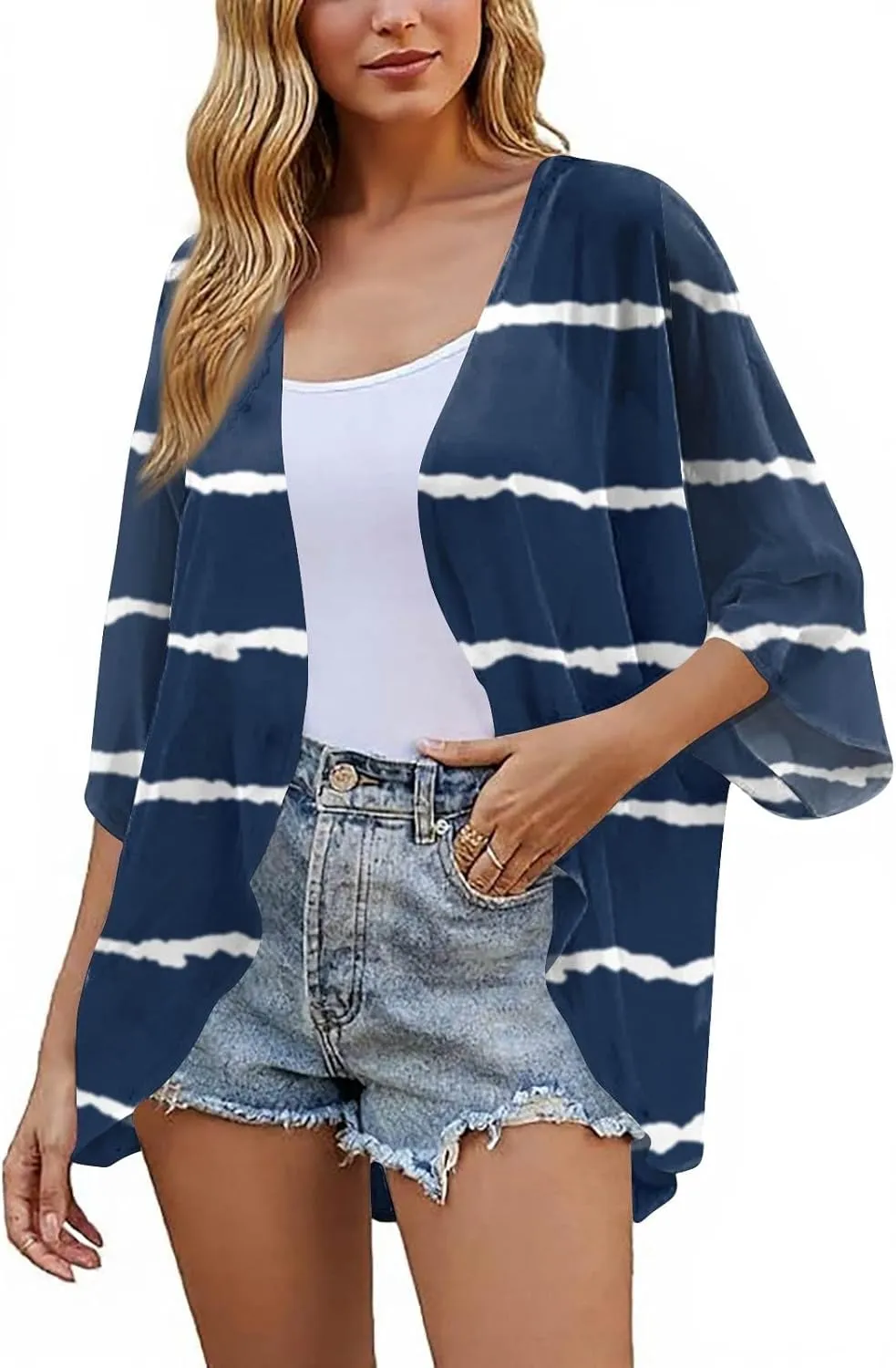 Women's Chiffon Kimono Cardigan - Floral Geometric Print Beach Cover-Up, Lightweight Summer Jacket for Pool Party
