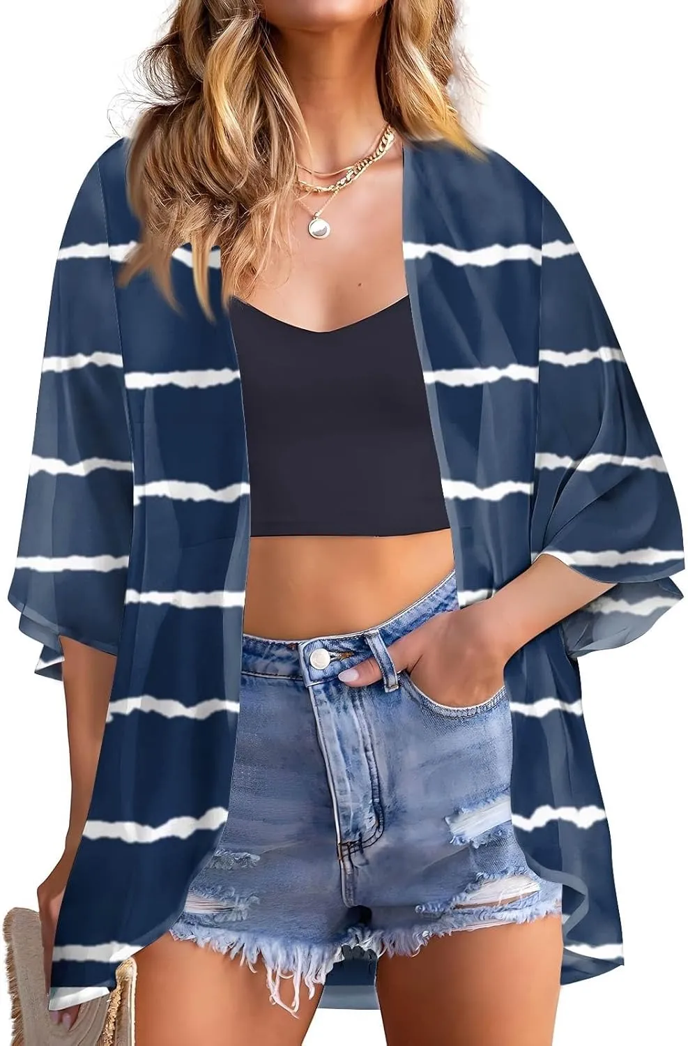 Women's Chiffon Kimono Cardigan - Floral Geometric Print Beach Cover-Up, Lightweight Summer Jacket for Pool Party