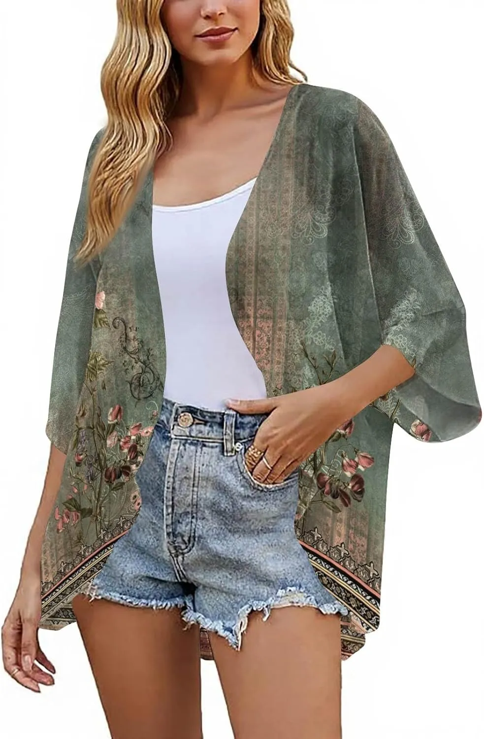 Women's Chiffon Kimono Cardigan - Floral Geometric Print Beach Cover-Up, Lightweight Summer Jacket for Pool Party