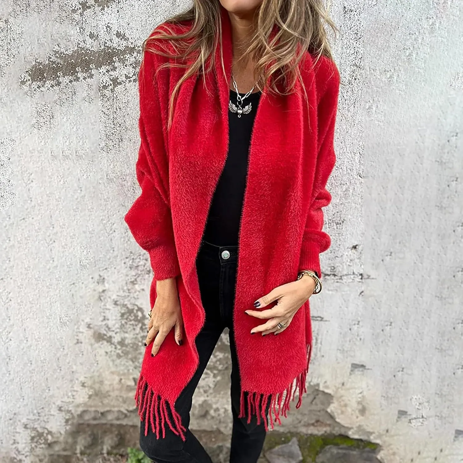 Women's Long Sleeve Scarf Winter Tassel Hem Long Cardigan Knitwer Sweater Open Front Outwear Poncho Coat with Sleeves