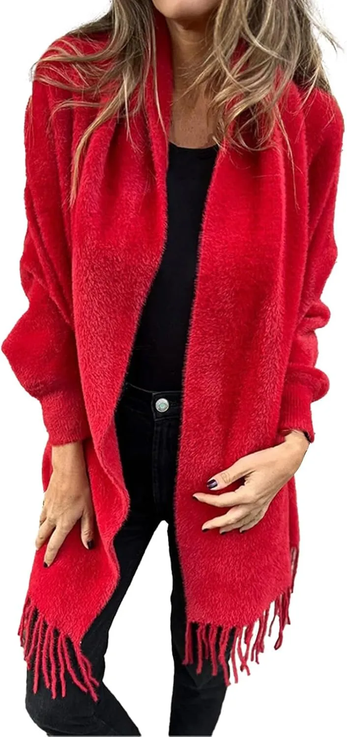 Women's Long Sleeve Scarf Winter Tassel Hem Long Cardigan Knitwer Sweater Open Front Outwear Poncho Coat with Sleeves