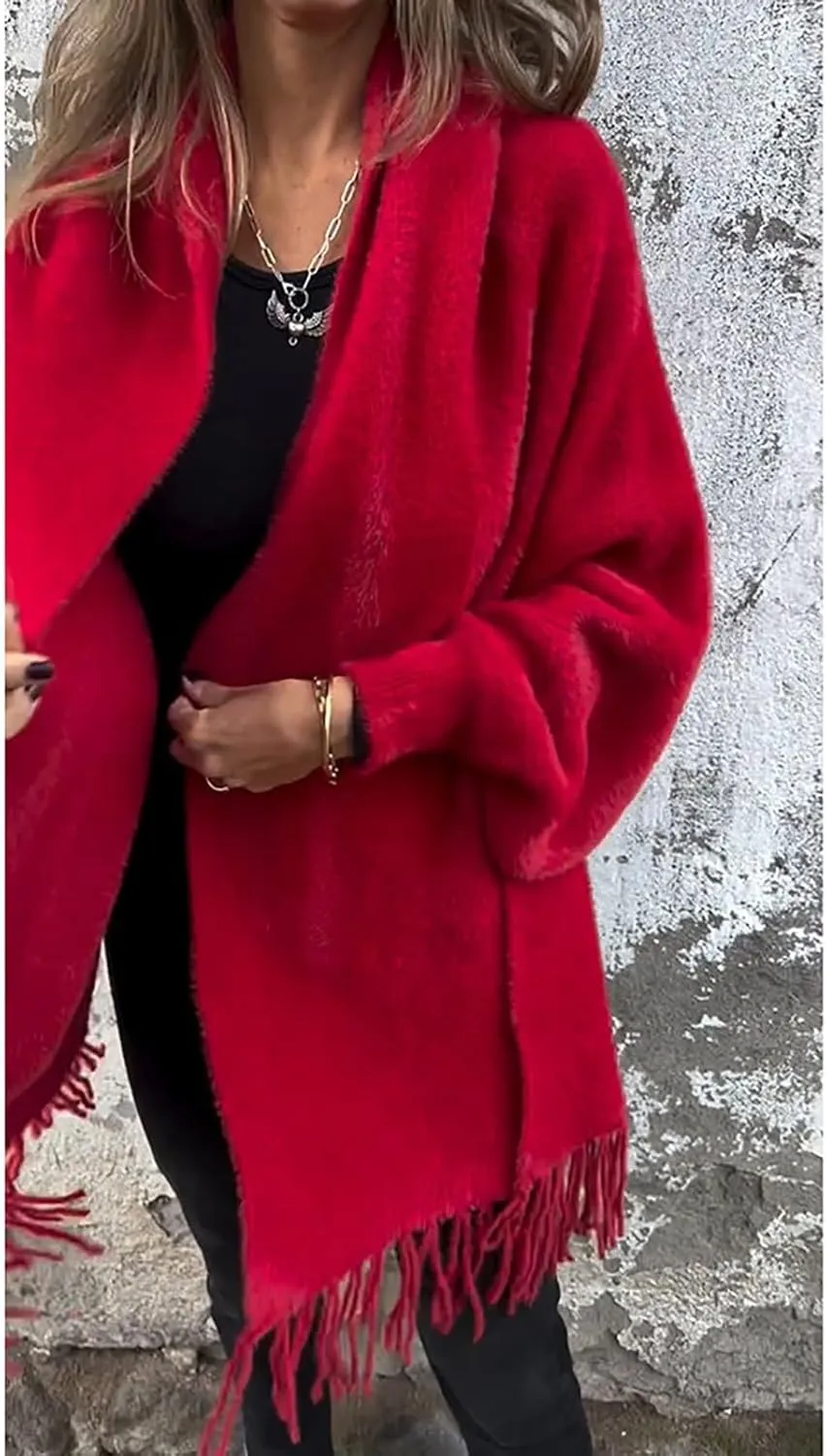 Women's Long Sleeve Scarf Winter Tassel Hem Long Cardigan Knitwer Sweater Open Front Outwear Poncho Coat with Sleeves