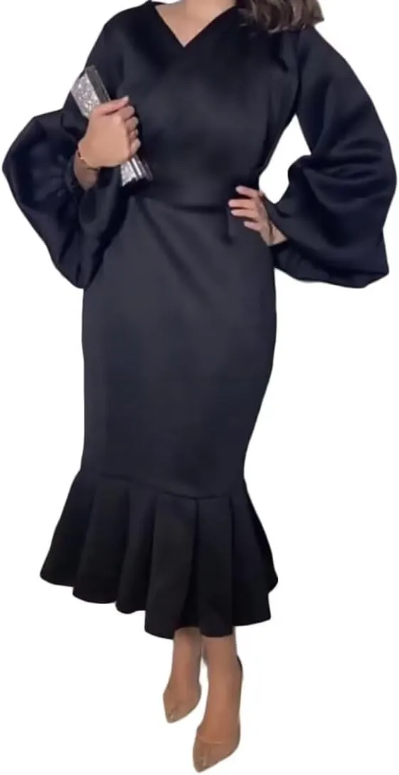 Women's Patchwork Ruffle Hem Bodycon Fishtail Gown Maxi Dress Outfit for Church