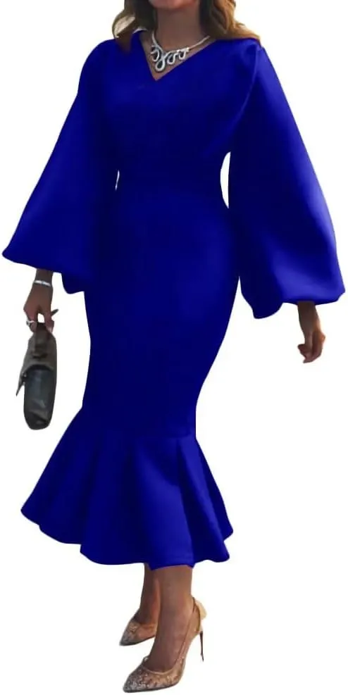 Women's Patchwork Ruffle Hem Bodycon Fishtail Gown Maxi Dress Outfit for Church