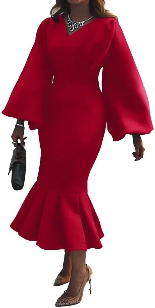 Women's Patchwork Ruffle Hem Bodycon Fishtail Gown Maxi Dress Outfit for Church