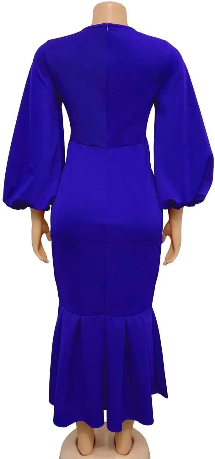 Women's Patchwork Ruffle Hem Bodycon Fishtail Gown Maxi Dress Outfit for Church
