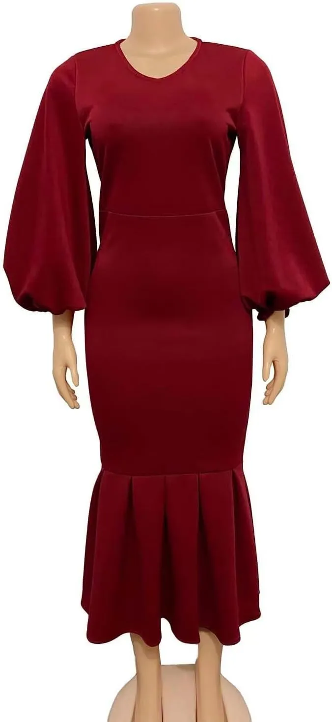 Women's Patchwork Ruffle Hem Bodycon Fishtail Gown Maxi Dress Outfit for Church