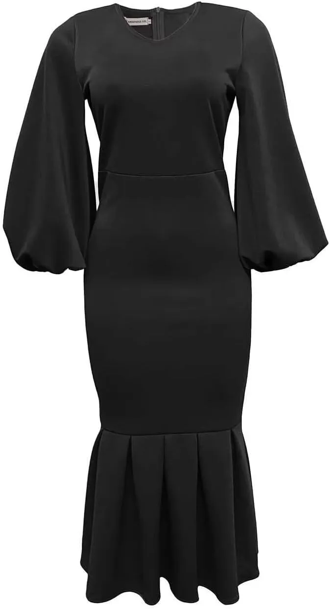 Women's Patchwork Ruffle Hem Bodycon Fishtail Gown Maxi Dress Outfit for Church